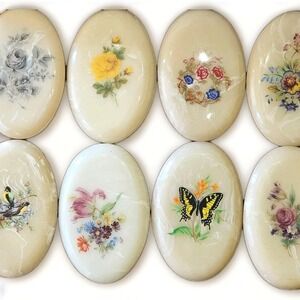 Vintage Resin Wall Plaque Set of 8 Oval Floral Bird Butterfly Faux Alabaster 60s